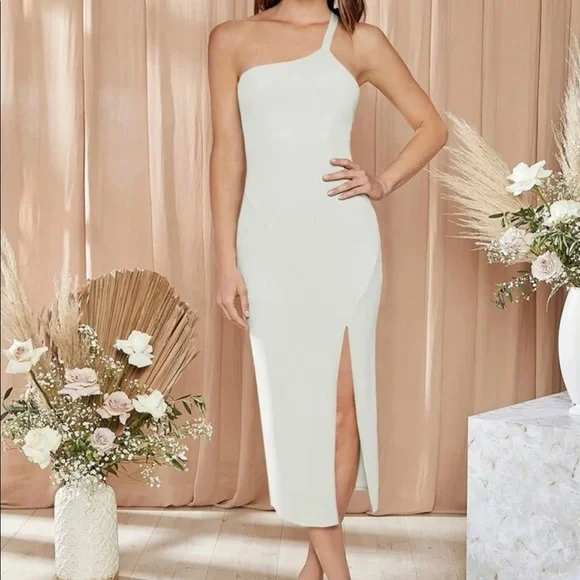 open lace back dress SHEIN One Shoulder Ruched Asymmetrical Hem Mesh Dress